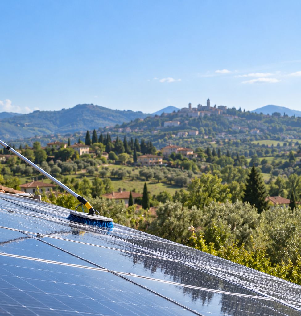 Pulizia di pannelli fotovoltaici con spazzola morbida e acqua, sulle colline bergamasche