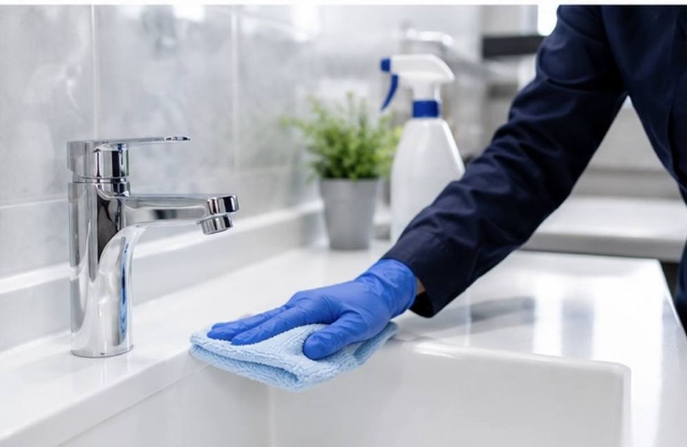 Pulizia professionale di un bagno con guanti e panno in microfibra