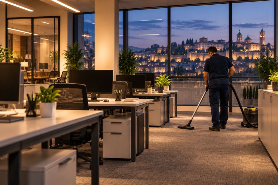 Pulizia serale di un ufficio open space con vista su Città Alta